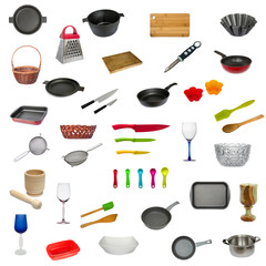 Fototapeta na wymiar Set of kitchen utensil isolated on white background. Frying pan, cutting board, glass, knife, mug, spoon, sieve, dish, saucepan, mortar, vase, wicker basket and others.