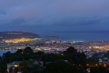 Photo sur Plexiglas Nouvelle-Zélande Scenery from Mount Victoria lookout at dusk viewing Wellington Airport's runway in Wellington , capital of New Zealand , North Island of New Zealand