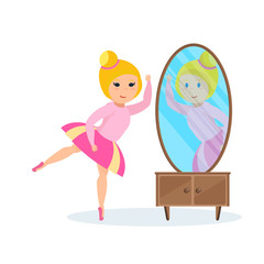 Girl in dress, looks in mirror, presents herself ballet dancer.