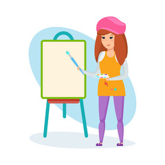 Naklejka premium Girl, holding brush, paints in hands, tries herself as artist.
