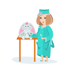 Girl in suit doctor, with equipment, tries herself as doctor.