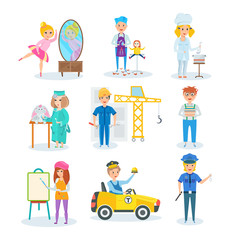 Set of occupations in which children represent, in different situations.