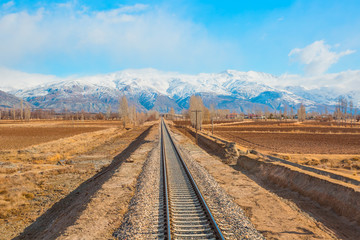 Deep Winter Train Tracks with lone tree and Mountains