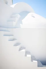 Printed kitchen splashbacks White Building with white stairway, blue sky in background, Santorini, Greece