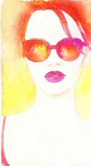 Woman with sunglasses. Fashion illustration. Watercolor painting
