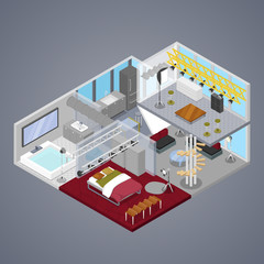 Modern Duplex Apartment Interior with Living Room and Bathroom. Isometric vector flat 3d illustration