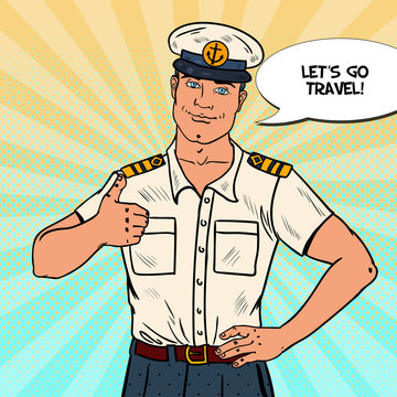 Happy Sea Captain Showing Thumb Up. Cruise Vacation. Pop Art Vector illustration