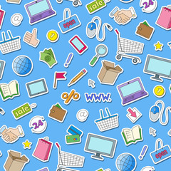 Seamless pattern on the theme of online shopping and Internet shops, colorful stickers icons on blue background