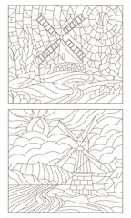 Set contour illustrations of the stained glass of landscapes with windmills
