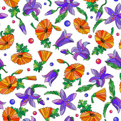 Seamless background with spring flowers in stained glass style, flowers, buds and leaves of pansies and lilies on a light background