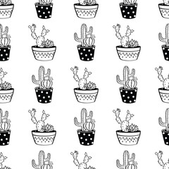 Vector black and white seamless pattern with cactuses and succulents in pots. Modern scandinavian design