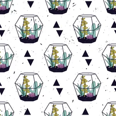 Wallpaper murals Terrarium plants Vector colorful hand drawn seamless pattern with triangles, cactuses and succulents in terrariums on grunge texture. Modern scandinavian design