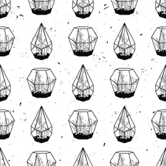 Wallpaper murals Terrarium plants Vector black and white hand drawn seamless pattern with cactuses and succulents in terrariums on grunge texture. Modern scandinavian design