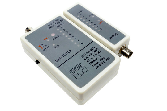 Network cable tester with remote probe isolated on a white background