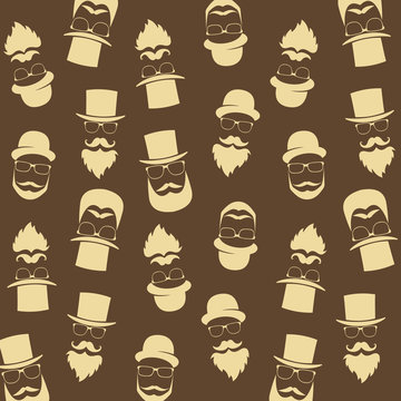 Bearded hipster pattern with glasses, moustaches, hat. Gentleman background.