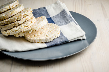 rice cake, puffed rice on table cloth