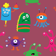 Cute seamless pattern with different monsters on a pink background