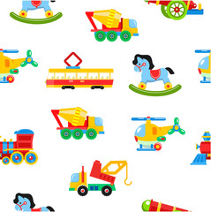 Baby toys seamless pattern. Vector illustration. A set of children's toy cars and vehicles.