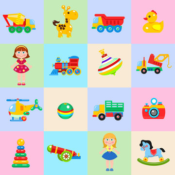 A set of children's toys. Vector isolated image.