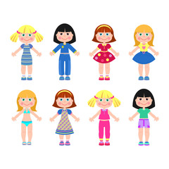 Paper doll-girl in different clothes. Vector illustration. Isolated on white background.