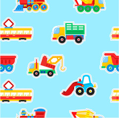 Seamless pattern, vector illustration. Toys transport. A paper label.