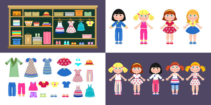 Set of paper girls dolls in different clothes. A set of clothes and shoes. Closet with clothes and accessories.