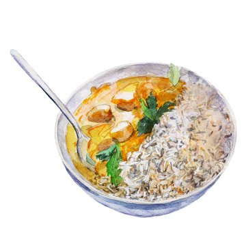 The national Indian dish rice with curry isolated on white background, watercolor illustration in hand-drawn style.