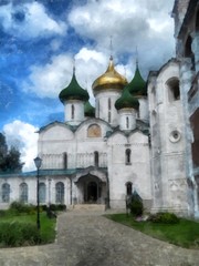 Fototapeta na wymiar Old church, domes with crosses shine in the sun, watercolor