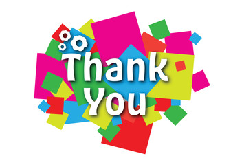 White THANK YOU text sign over color squares background