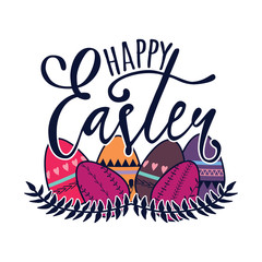 Vector Happy Easter illustration with decorative eggs. Greeting card with floral elements and lettering.