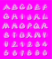 Alphabet in modern style with distorted letters with shading violet