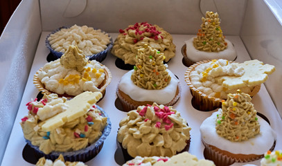 Cupcakes/Cupcakes for tea in the package. Beautiful variety of cupcakes with decorations in a box. Celebration, food, refreshment, chocolate and cream.