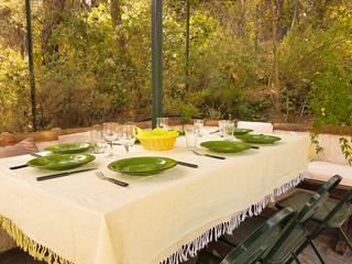 Green dishes on table ready for food to be served outside the garden.
