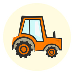 Cute cartoon colorful tractor icon, orange agriculture transport icon