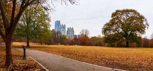 Panoramic view of the Oak Hill in the Piedmont Park and Midtown Atlanta behind it in autumn day, USA