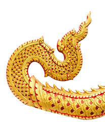 Traditional Thai style pattern of trail great Naga stucco isolated on white background.