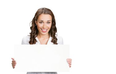 Fototapeta premium Businesswoman showing blank signboard, on white