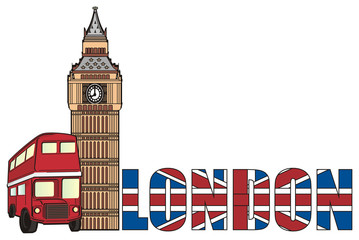 London, England, UK, Britain, travel, symbol, cartoon, illustration, trip, city, Europe, Big Ben tower, red, bus, word, flag