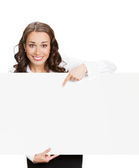 Businesswoman showing blank signboard, on white