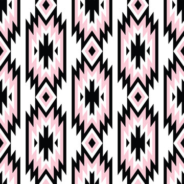 Vector trendy seamless decorative ethnic pattern. Pink and black colors. Boho geometric style.