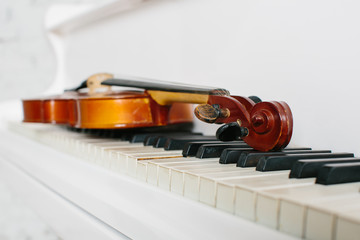 Fototapeta premium The violin and keyboard of white piano