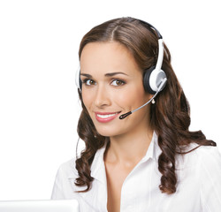 Support phone operator in headset, isolated