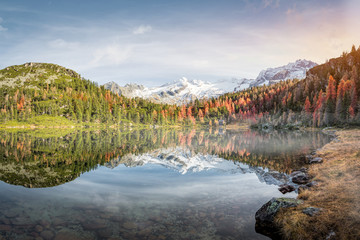 Beautiful mountain landscape with water reflection in autumn