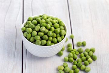 Green peas in bowl, wooden background