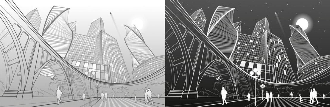 Big bridge, night modern city on background, people walking to square, industrial and infrastructure illustration, white and gray lines landscape, urban scene, vector design art