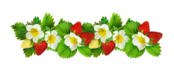 Strawberries line arrangement with flowers, berries and leaves