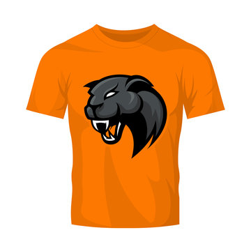 Furious panther sport vector logo concept isolated on orange t-shirt mockup. Modern professional mascot team badge design.
Premium quality wild animal t-shirt tee print illustration.