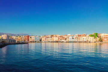 Fototapeta na wymiar waterfront of Chania bay at sunny day, Crete island, Greece