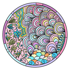 Zendala. Zentangle. Hand drawn circle mandala with abstract patterns on isolation background. Design for spiritual relaxation for adults. Line art creation.