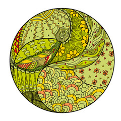 Zendala. Zentangle. Hand drawn circle mandala with abstract patterns on isolation background. Design for spiritual relaxation for adults. Line art creation.